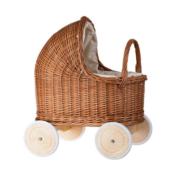 Natural Wicker Doll Pram – Beige Bedding