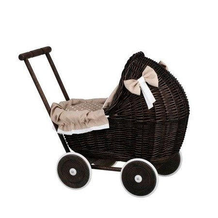Dark Painted Wicker Doll Pram – Beige Bedding