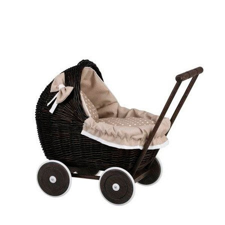 Dark Painted Wicker Doll Pram – Beige Bedding