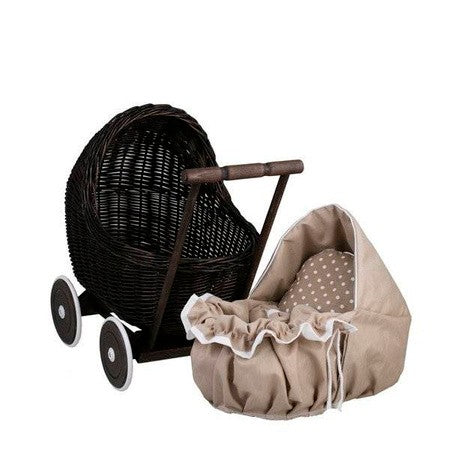 Dark Painted Wicker Doll Pram – Beige Bedding