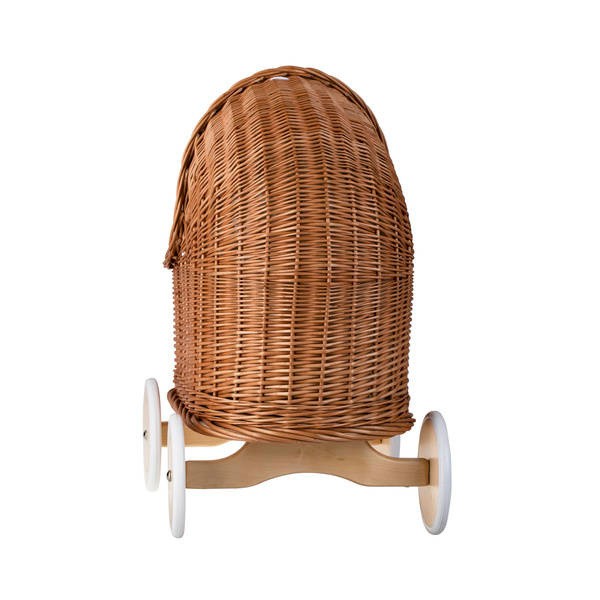Natural Wicker Doll Pram – Beige Bedding
