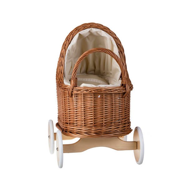Natural Wicker Doll Pram – Beige Bedding