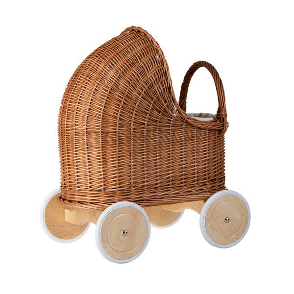 Natural Wicker Doll Pram – Beige Bedding