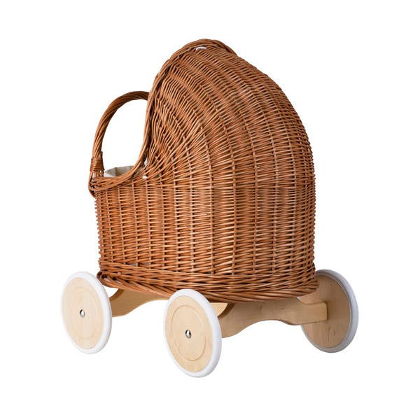 Natural Wicker Doll Pram – Beige Bedding