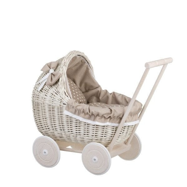 Whitewashed Wicker Doll Pram – Beige Bedding