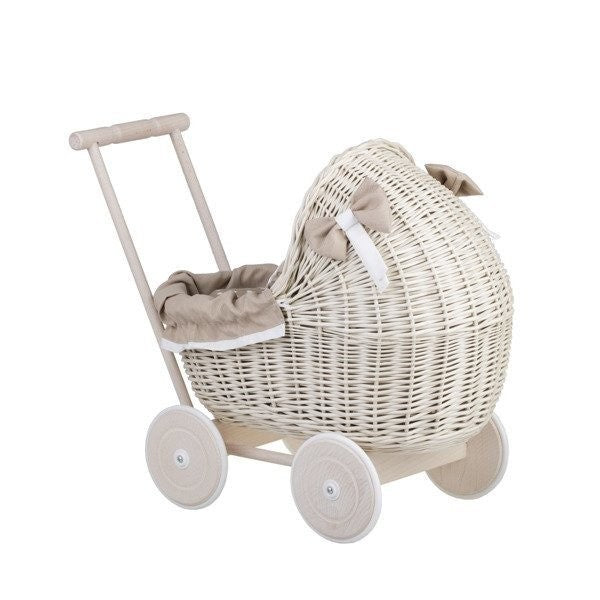 Whitewashed Wicker Doll Pram – Beige Bedding